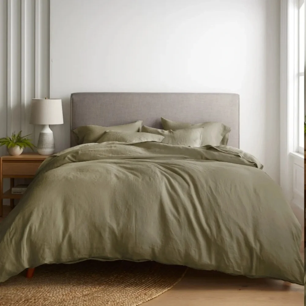 Quince Queen European Linen Duvet Cover Set with shams - ALOE
